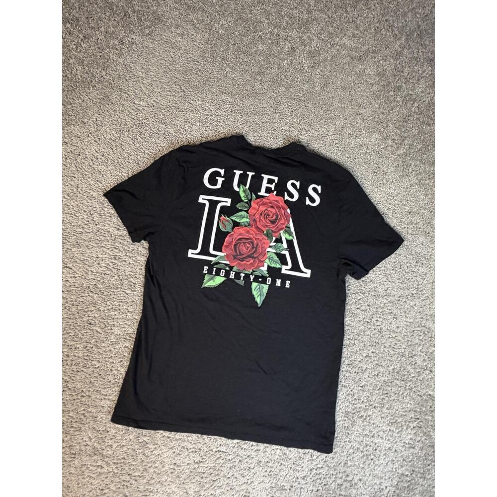 Guess Shirt Mens L Black Rose Graphic Crew Neck Cotton Jersey Lightweight - Picture 2 of 9
